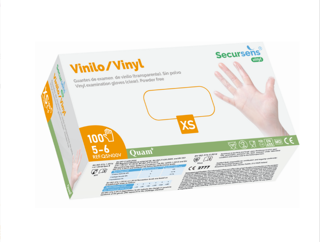 Guantes de vinilo sin polvo desechables Secursens. Talla M Caja de 100 unidades.